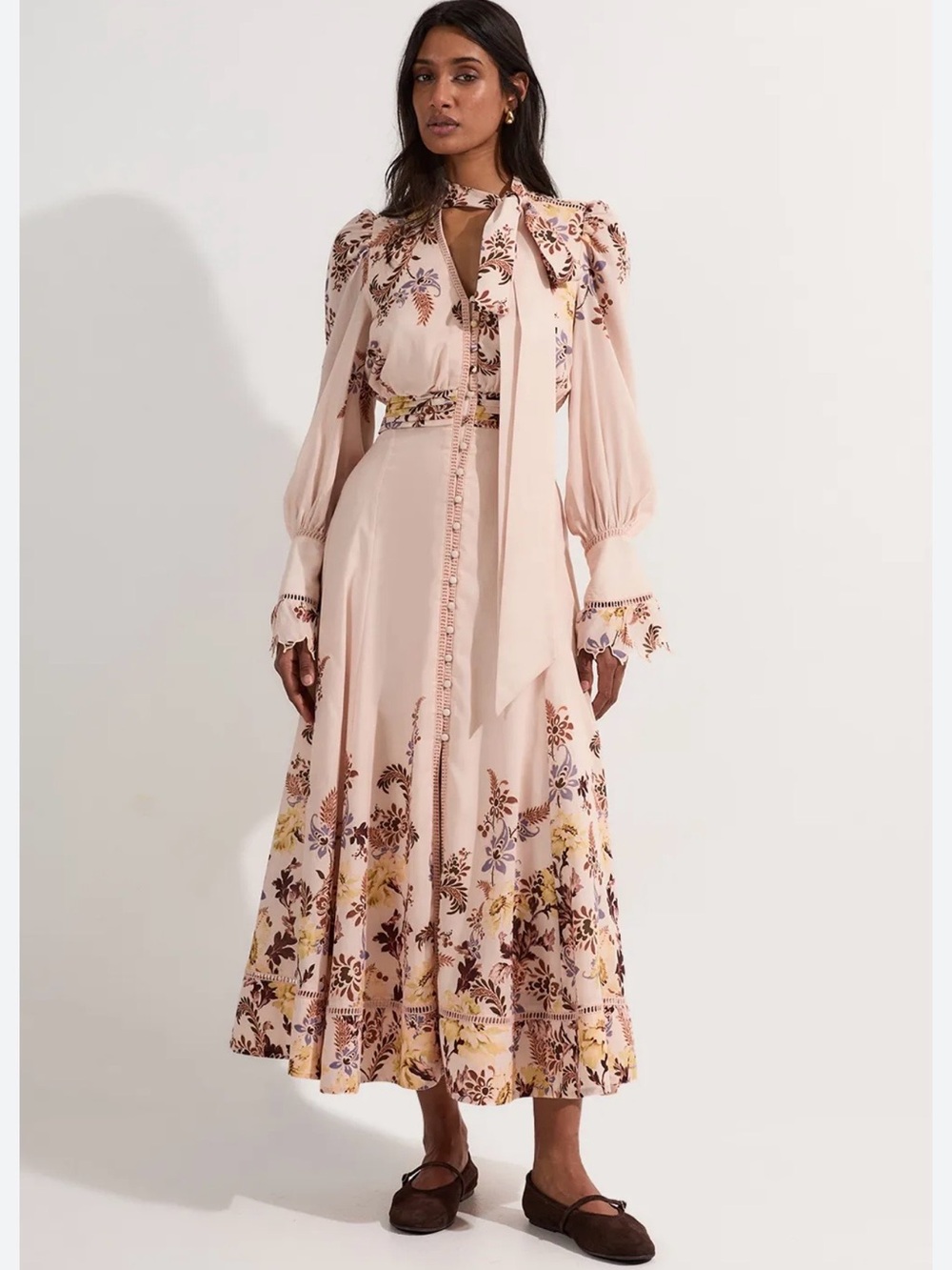Karen Millen Pale Pink Floral Tie-Neck Midi Dress